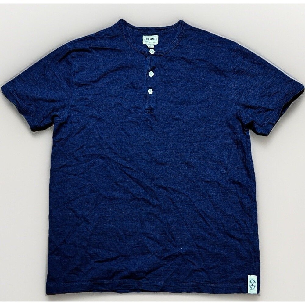 TODD SNYDER Short Sleeve Henley Crew T-Shirt Mens Size Medium Blue Slub Classic